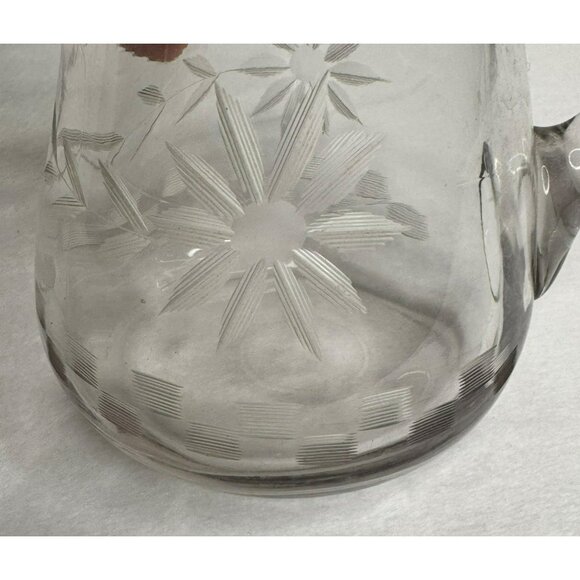 Vintage Glass Syrup Pitcher With Etched Floral Design & Hinged Metal Lid - Picture 10 of 10